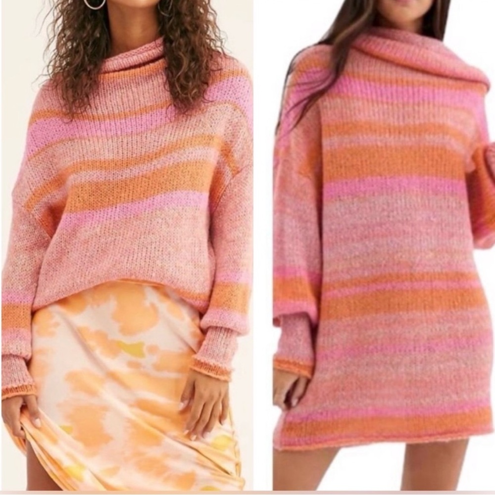 Free People Candy Stripe Pink Orange Knit Long Sleeve‎ Cowl Neck Tunic Sweater M